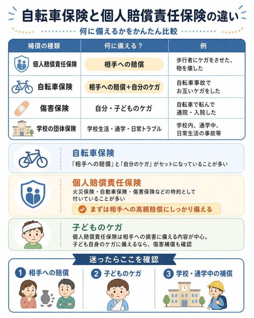 自転車保険と個人賠償責任保険の違いの図解
